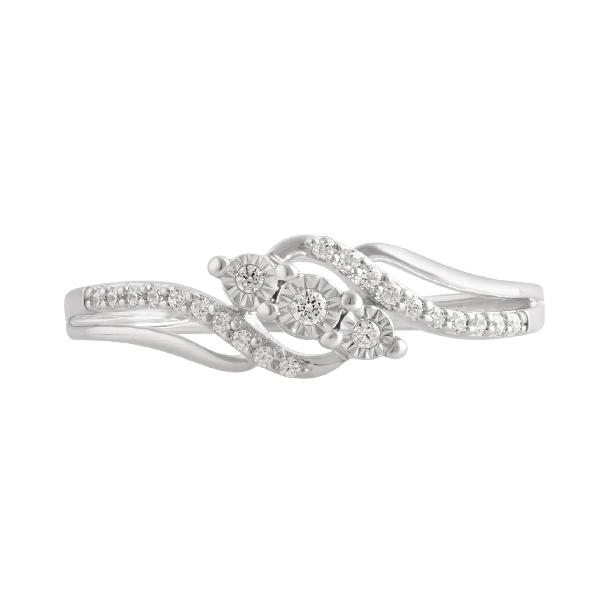 1/10 Carat T.W Diamond 3 Stone Miracle Plate Sterling Silver Engagement Ring.