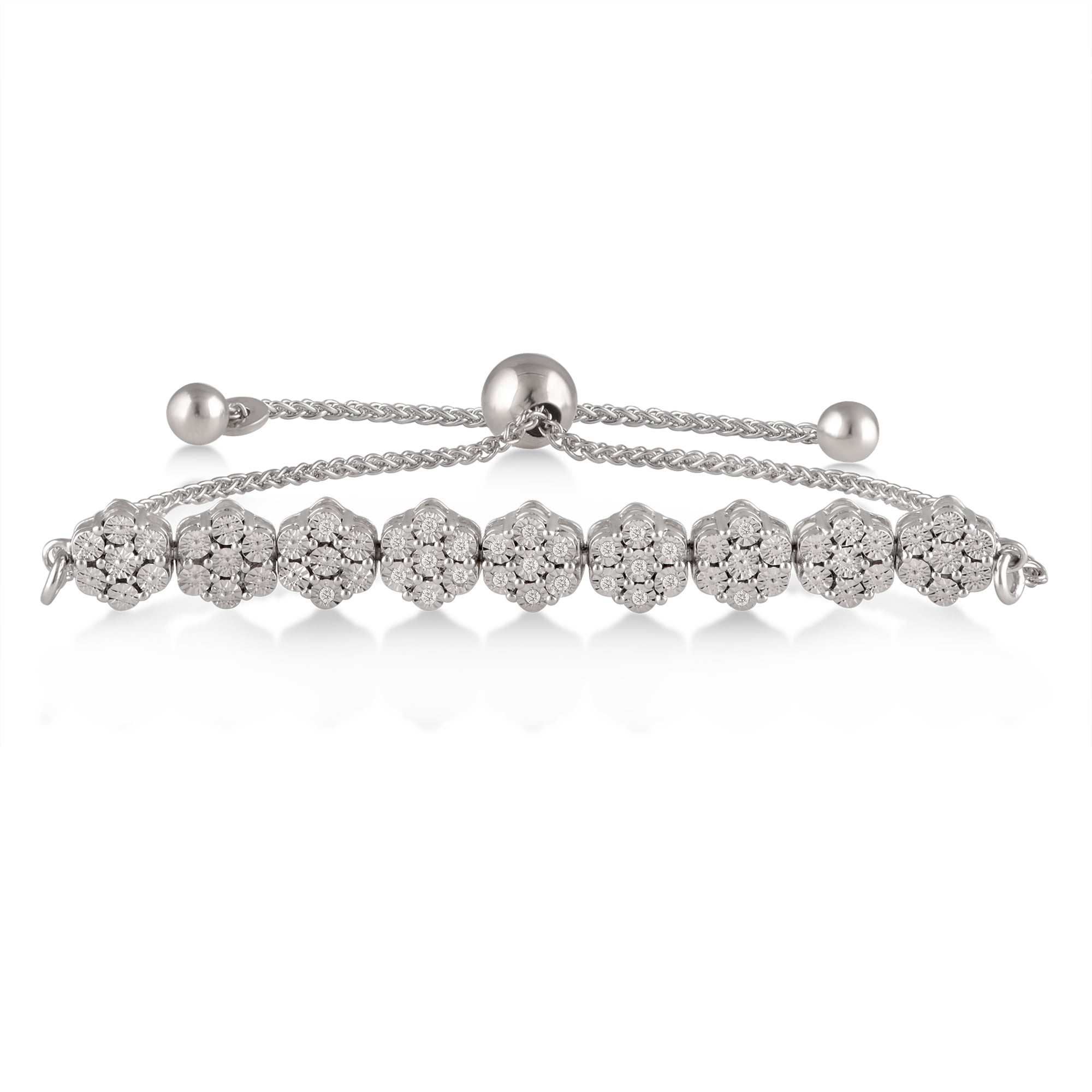 1/10 Carat T.W Diamond Sterling Silver Miracle Plated Cluster Bolo Bracelet.