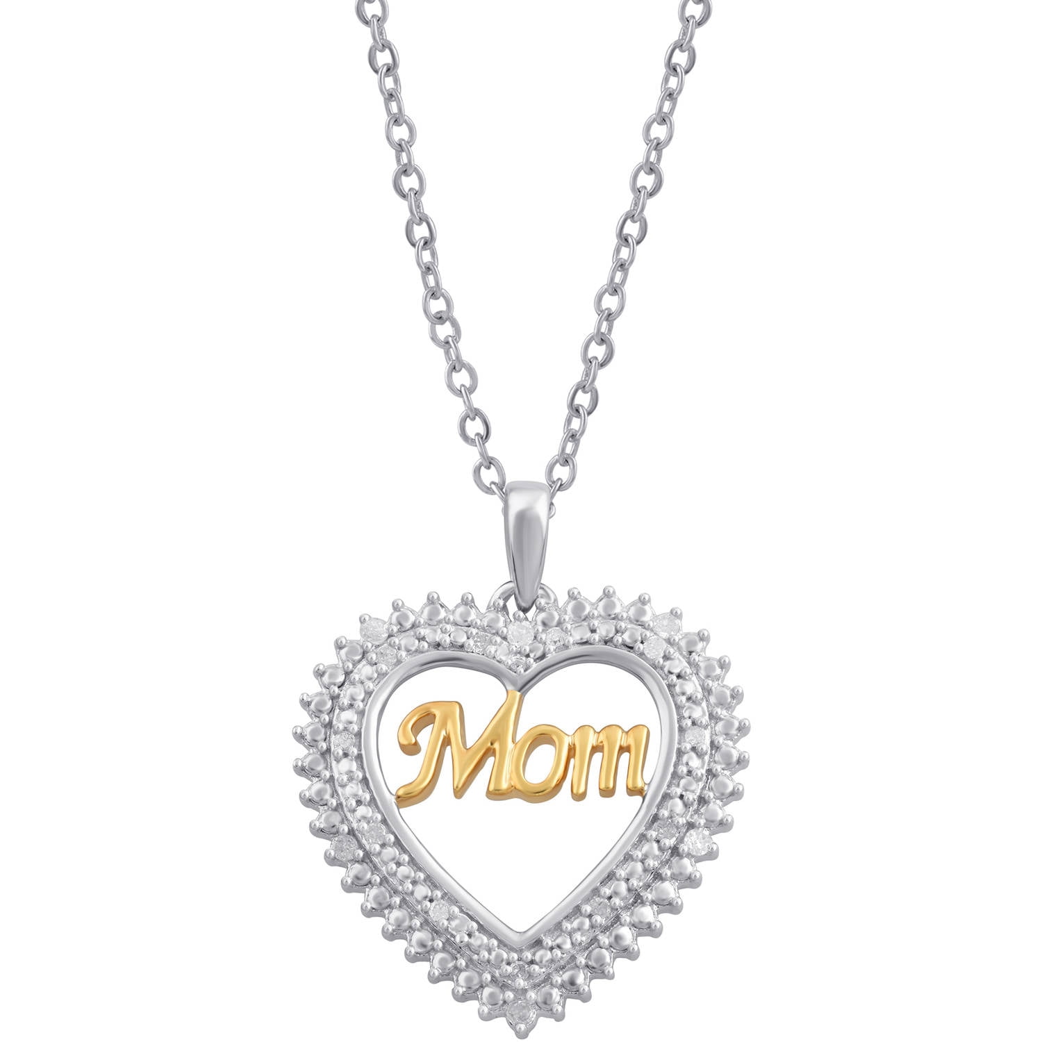 1/10 Carat T.W. Diamond Sterling Silver Two-Tone "Mom" Inside Heart Pendant, 18" Chain