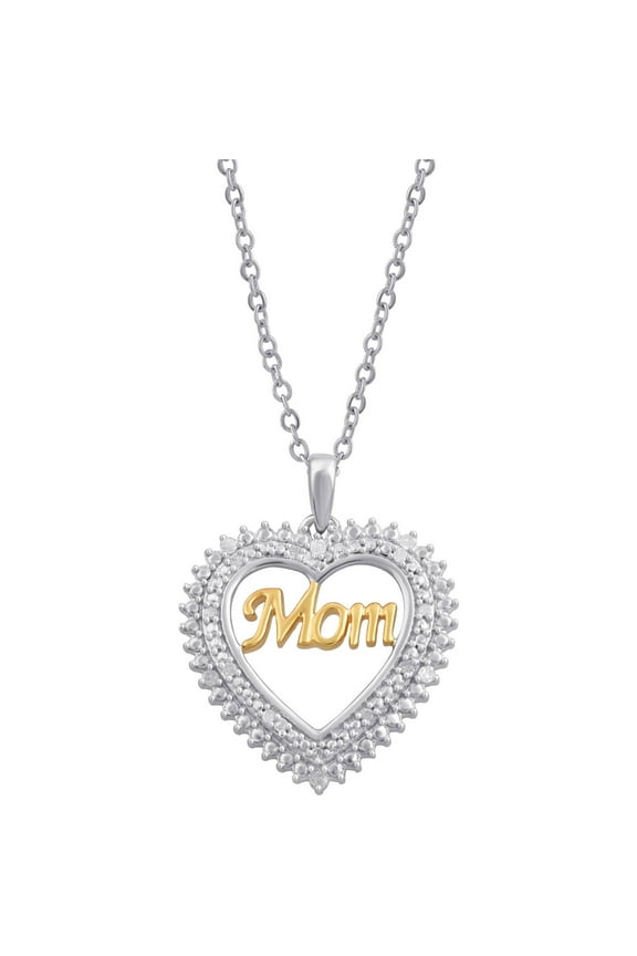 1/10 Carat T.W. Diamond Sterling Silver Two-Tone "Mom" Inside Heart Pendant, 18" Chain