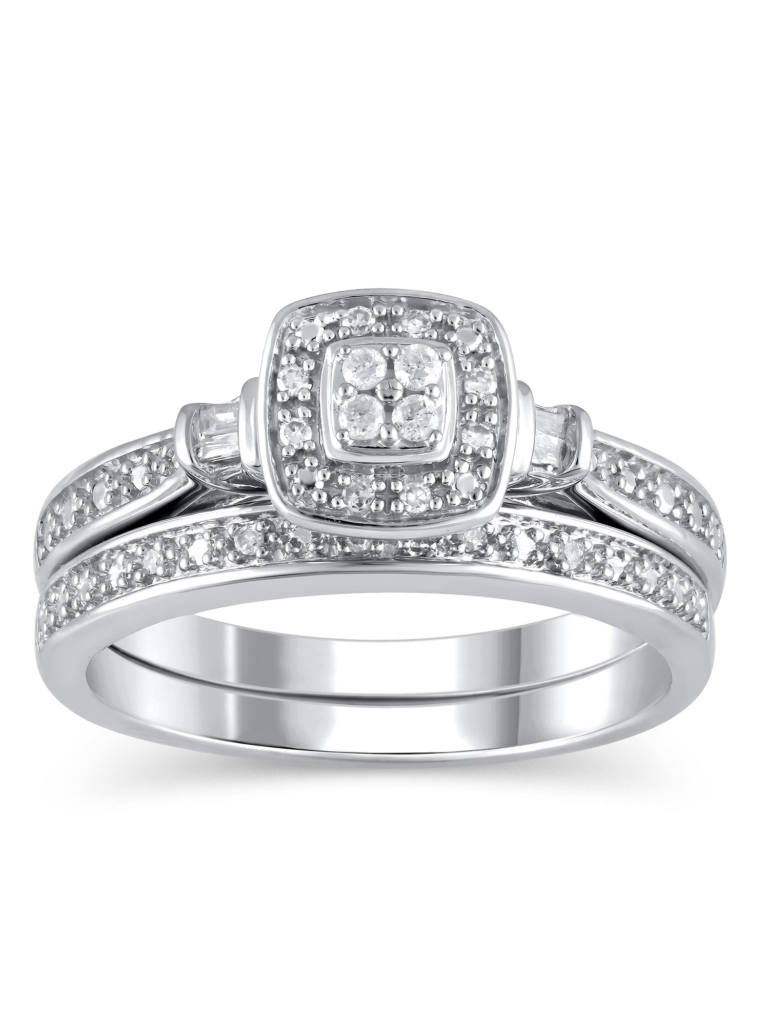 1/10 Carat T.W. (I3 clarity, I-J color) Forever Bride Cushion Shaped Halo Diamond Composite Bridal set in Sterling Silver, Size 6
