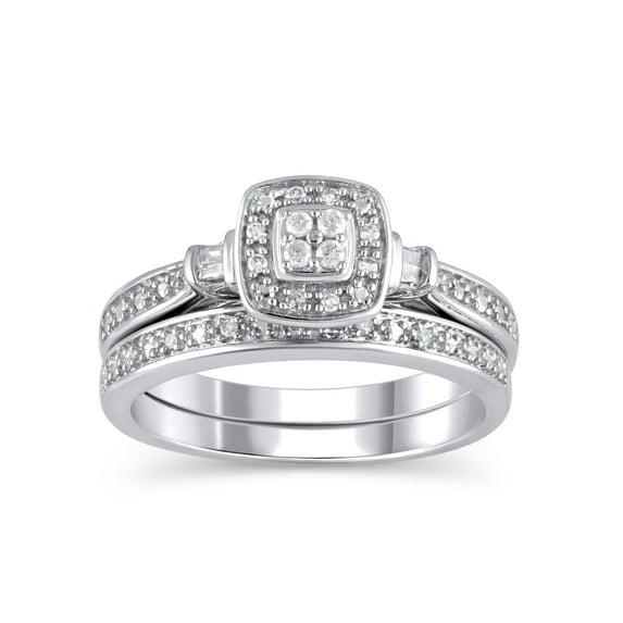 1/10 Carat T.W. (I3 clarity, I-J color) Forever Bride Cushion Shaped Halo Diamond Composite Bridal set in Sterling Silver, Size 7