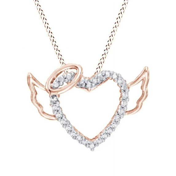 AFFY 1/10 Carat T.W. Natural White Diamond Heart with Halo and Wings Pendant Necklace in 14K Rose Gold Over Sterling Silver