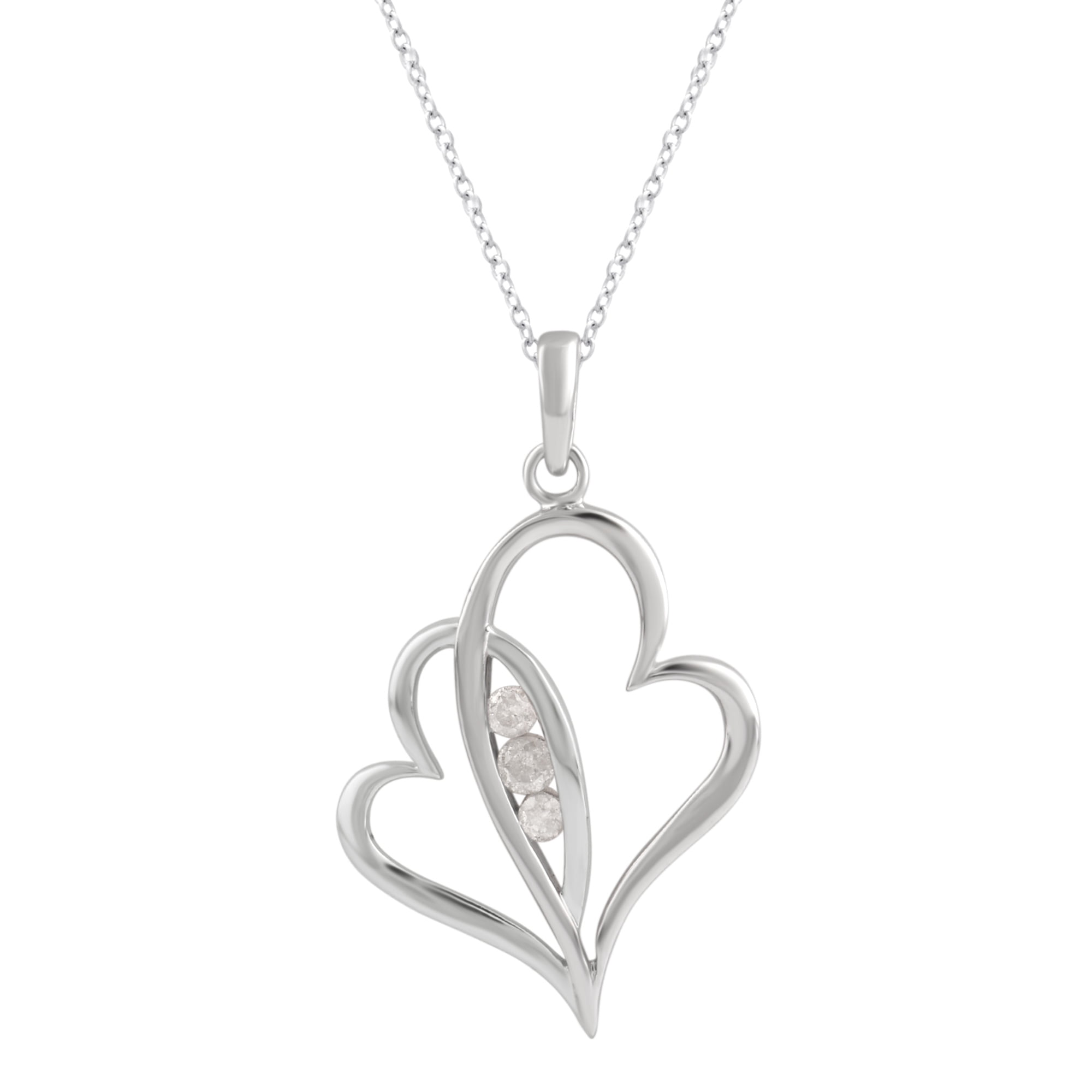 1/10 Carat T.W. Three Stone Sterling Silver Heart Pendant With 18 Inch Chain.