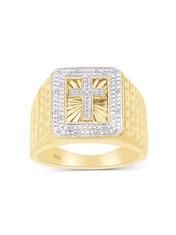 0.10CT White Natural Diamond Cross Men's Ring in 14K Yellow Gold over Sterling Silver-13