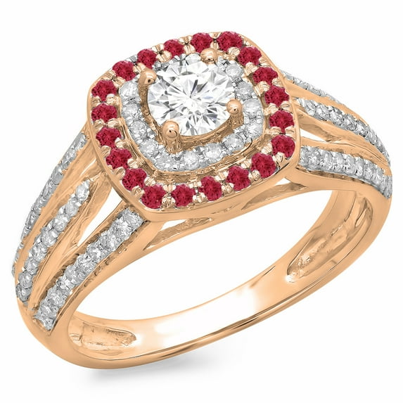 1.10 Carat (ctw) 10K Rose Gold Round Cut Ruby & White Diamond Ladies Split Shank Vintage Style Bridal Halo Engagement Ri