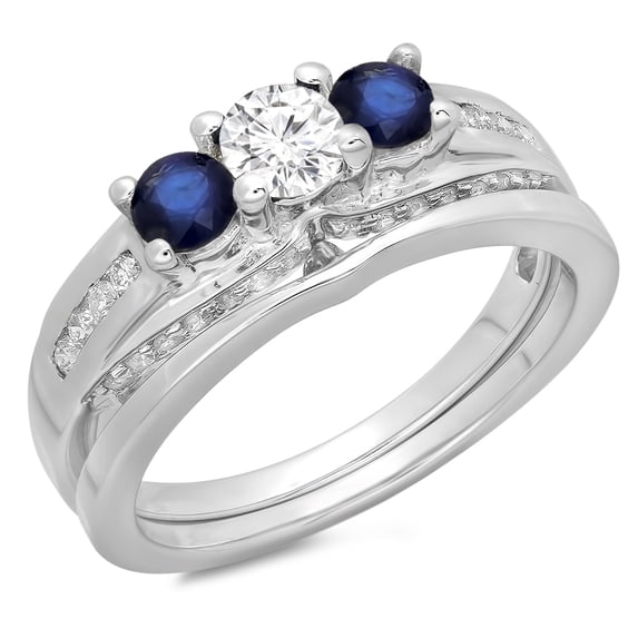 1.10 Carat (ctw) 10K White Gold Round Blue Sapphire & White Diamond Ladies Bridal 3 Stone Engagement Ring With Matching