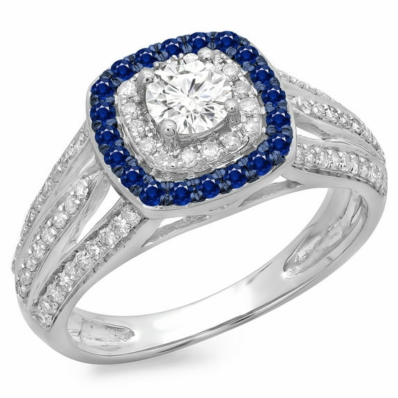1.10 Carat (ctw) 10K White Gold Round Cut Blue Sapphire & White Diamond Ladies Split Shank Vintage Style Bridal Halo Eng