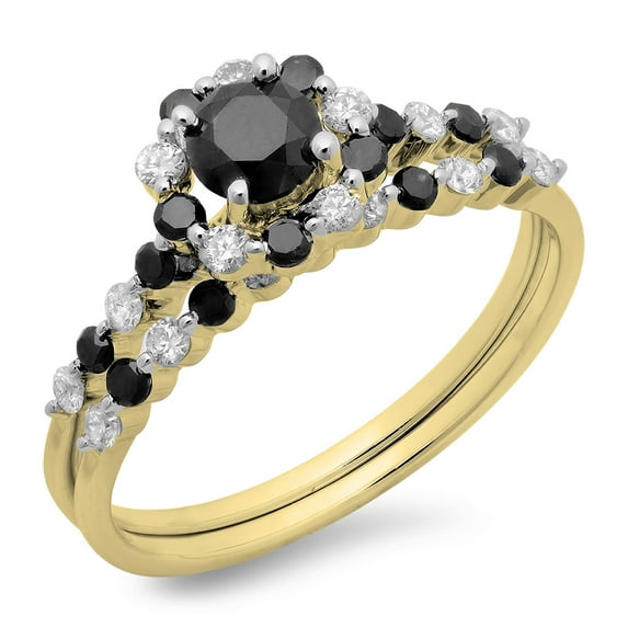 1.10 Carat (ctw) 10K Yellow Gold Round Black & White Diamond Ladies Bridal Halo Engagement Ring With Matching Band Set 1