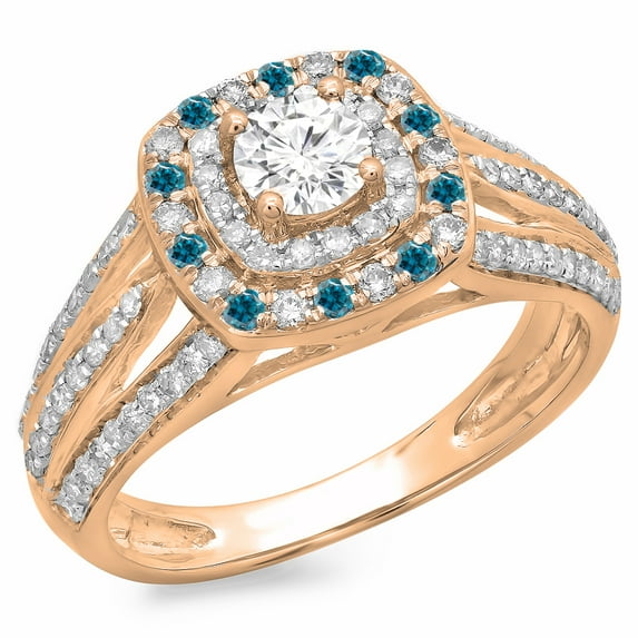 1.10 Carat (ctw) 14K Rose Gold Round Cut Blue & White Diamond Ladies Split Shank Vintage Style Bridal Halo Engagement Ri