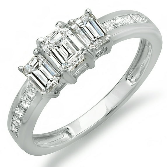 1.10 Carat (ctw) 14k White Gold Emerald and Princess Diamond Ladies 3 Stone Engagement Bridal Ring 1 CT