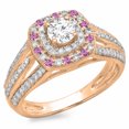 thumbnail image 1 of 1.10 Carat (ctw) 18K Rose Gold Round Cut Pink Sapphire & White Diamond Ladies Split Shank Vintage Style Bridal Halo Enga, 1 of 1