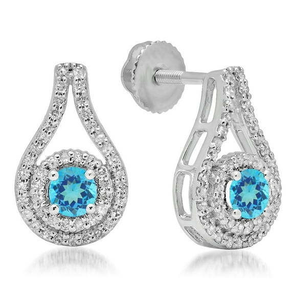 1.10 Carat (ctw) 18K White Gold Round Cut Blue Topaz & White Diamond Ladies Halo Style Drop Earrings 1 CT