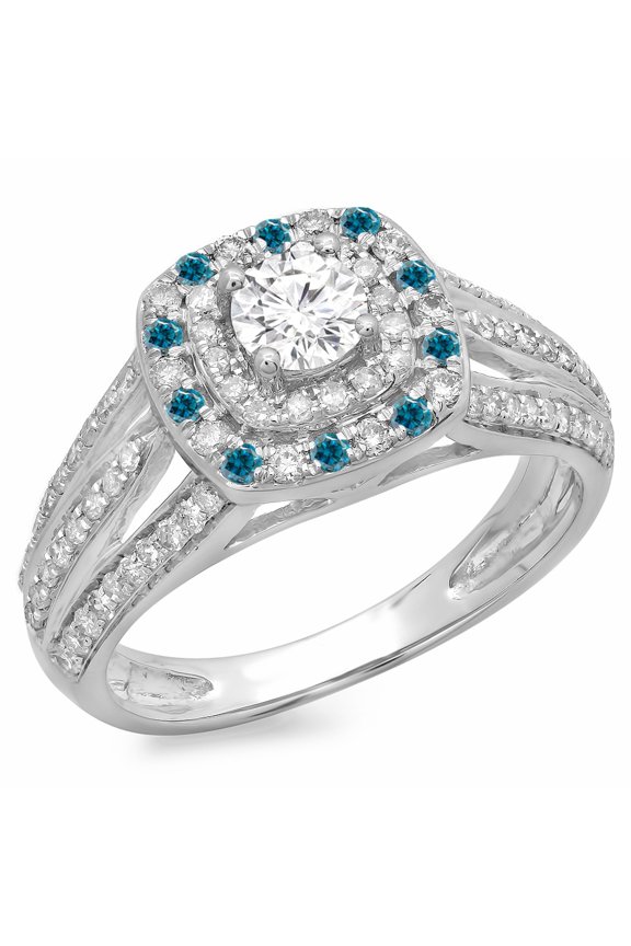 1.10 Carat (ctw) 18K White Gold Round Cut Blue & White Diamond Ladies Split Shank Vintage Style Bridal Halo Engagement R