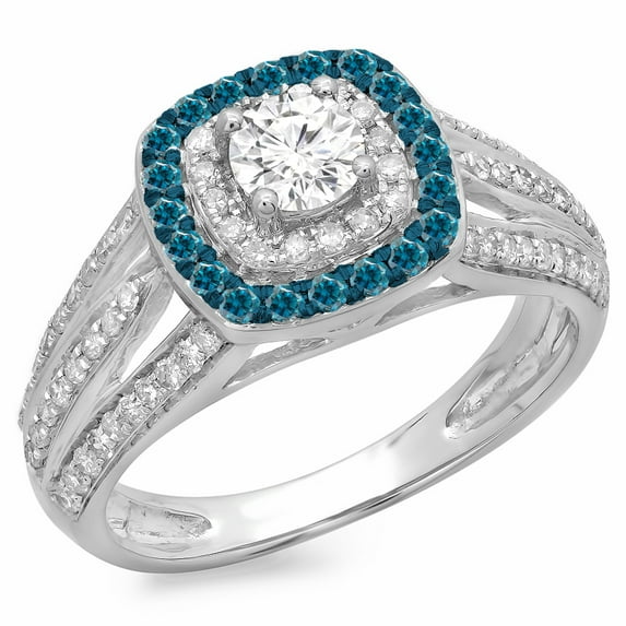 1.10 Carat (ctw) 18K White Gold Round Cut Blue & White Diamond Ladies Split Shank Vintage Style Bridal Halo Engagement R