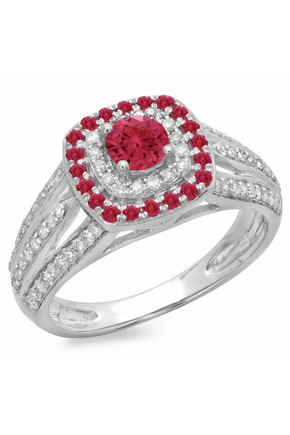 1.10 Carat (ctw) 18K White Gold Round Cut Ruby & White Diamond Ladies Split Shank Vintage Style Bridal Halo Engagement R