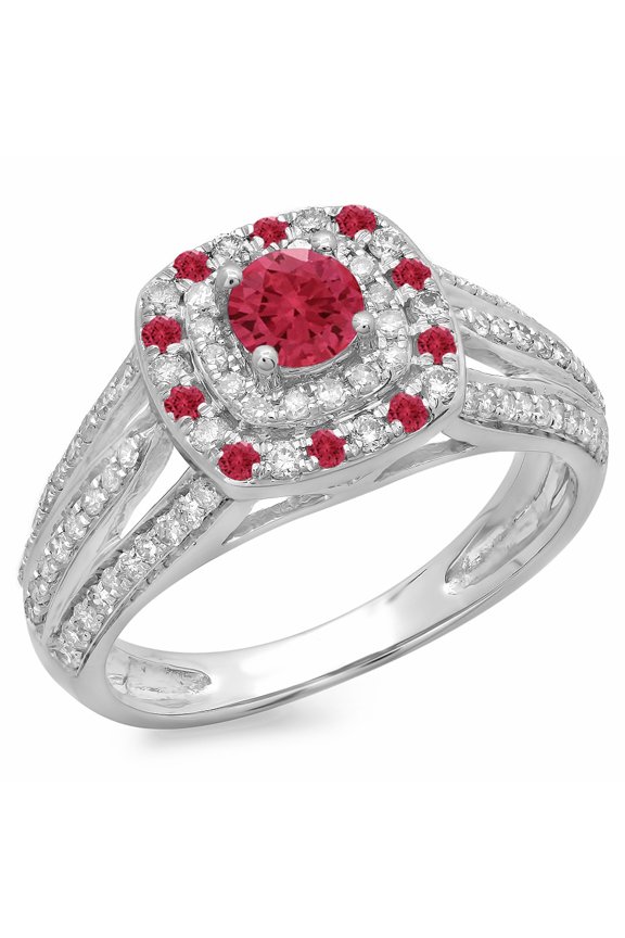 1.10 Carat (ctw) 18K White Gold Round Cut Ruby & White Diamond Ladies Split Shank Vintage Style Bridal Halo Engagement R