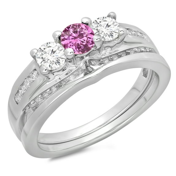 1.10 Carat (ctw) 18K White Gold Round Pink Sapphire & White Diamond Ladies Bridal 3 Stone Engagement Ring With Matching