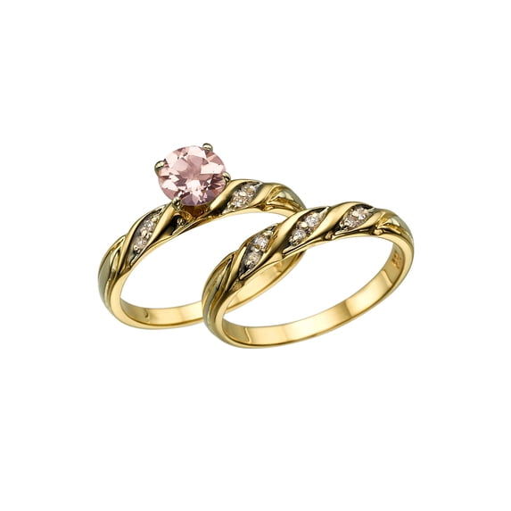 1.10 Carat natural peach/pink VS Morganite Ring with Diamonds 14K Yellow Gold Wedding Set Engagement Rings Vintage Rings