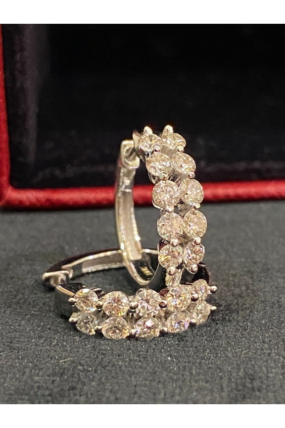 1.10 Carats Round Brilliant Cut Diamonds Two-Row Hoop Earrings in Hallmark 18K White Gold