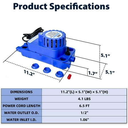1/10  Condensate Pump, 20ft , 93GPH, 115V, Automatic Safety Switch for AC, Dehumidifier, Ice Maker