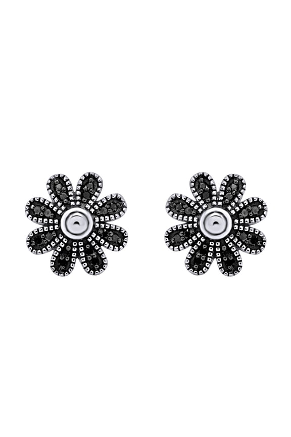 1/10 Ct Black Natural Diamond Daisy Stud Earrings in 14k White Gold Plated 925 Sterling Silver Push Back (0.10 Cttw,Black Color,I2-I3 Clarity)