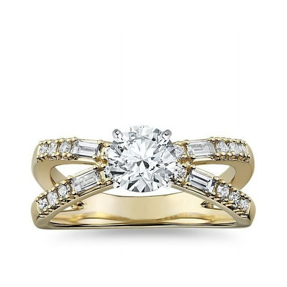 1.10 Ct Brilliant Round Shape Solitaire with Accents Genuine Diamond Beautiful Wedding Ring for her Solid 14K Yellow Gold Size 7