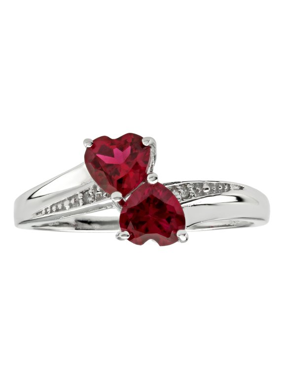 1.10 Ct Heart Red Ruby and Diamond Accent 925 Sterling Silver Ring Size 7