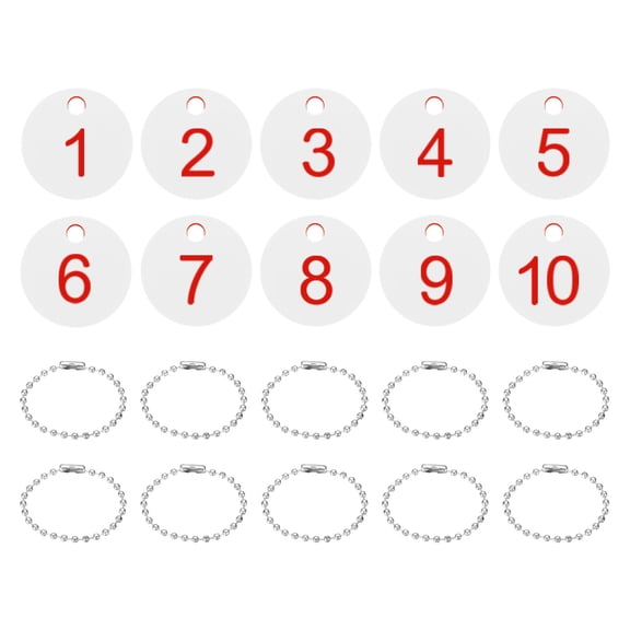1-10 Number Tags, 10Pcs Round ID Number Key Tags Plastic Numbered Keychain with Key Rings for Luggage Lockers Organizer Field Sales Hangers Clothes Labels, Red-White