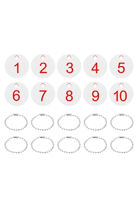 1-10 Number Tags, 10Pcs Round ID Number Key Tags Plastic Numbered Keychain with Key Rings for Luggage Lockers Organizer Field Sales Hangers Clothes Labels, Red-White