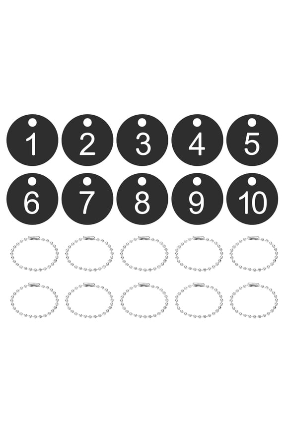 1-10 Number Tags, 10Pcs Round ID Number Key Tags Plastic Numbered Keychain with Key Rings for Luggage Lockers Organizer Field Sales Hangers Clothes Labels, White-Black
