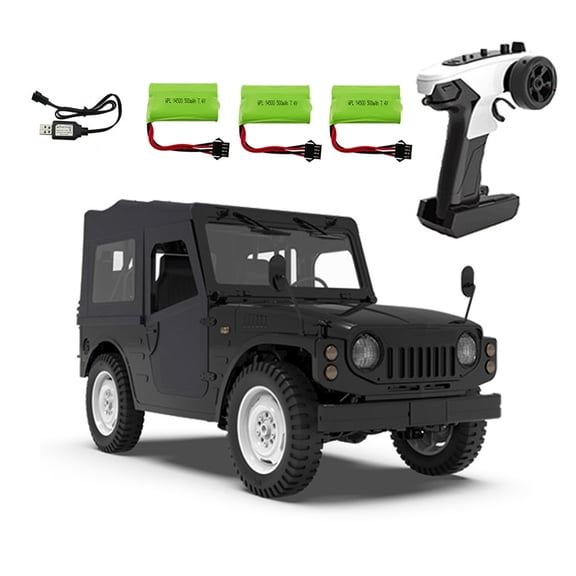 1:10 Scale 4WD RC Rock Crawler, Jimny Style Remote Control Off Road Vehicle With LED Lights, Detachable Roof And Proportional Steering For Hobbyists - RTR- Black / 3 Battery