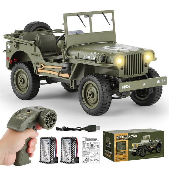1/10 Scale RC Military SUV, Remote Control 4WD Off-Road Vehicle with Alloy Frame Chassis, Army Vehicle with Opening Hood and Folding Windshield, 2 Batteries,