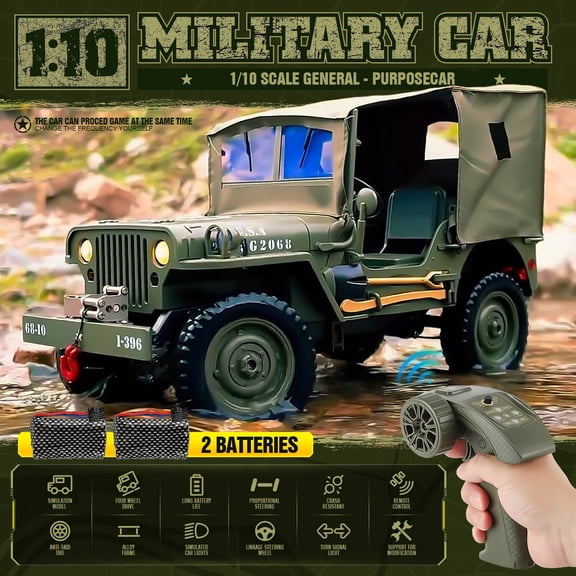 1/10 Scale RC Military SUV, Remote Control 4WD Off-Road Vehicle with Alloy Frame Chassis, with Winch and Capstan, Army Vehicle with Opening Hood and Folding Windshield, 2 Batteries,