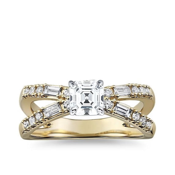 1.10 T.C.W Asscher Shape Natural Diamond Latest Design Solitaire with Accents Wedding Ring for Ladies Solid 14K Yellow Gold Size 8