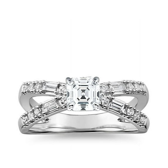 1.10 T.C.W Asscher Shaped Genuine Diamond Stunning Solitaire with Accents Wedding Ring for Women Solid 14K White Gold Size 3.5