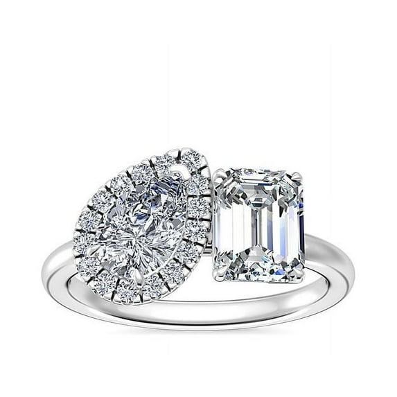 1.10 T.C.W Emerald & Pear Shape Natural Diamond Latest Design Wedding Two Stone Ring for Ladies Solid 950 Platinum Size 8