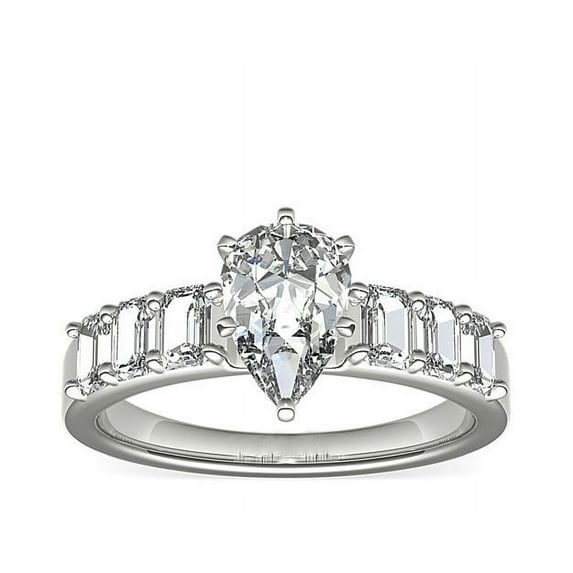 1.10 T.C.W Pear Shaped Genuine Diamond Stunning Solitaire with Accents Wedding Ring for Women Solid 14K White Gold Size 3.5