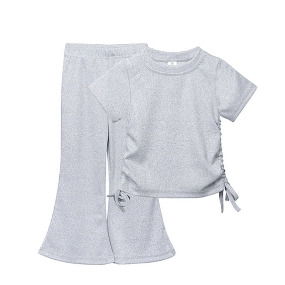 1-10 Years Girl's 2PCS Outfits Summer Tops Short Sleeve T-Shirt Tee and Pants Bell Bottom Flared Pants Sets