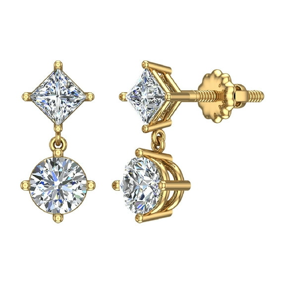 1.10 ct tw Princess & Round Drop Two stone Diamond Dangle Earrings 18K Gold (G,SI)