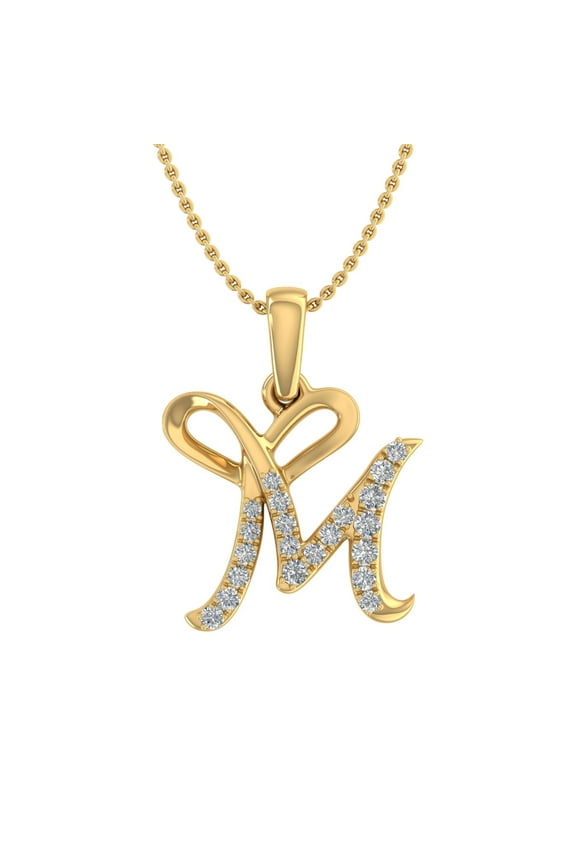 1/10 ctw Diamond Heart Initial Letter M Pendant Necklace in 10K Yellow Gold (with Silver Chain)