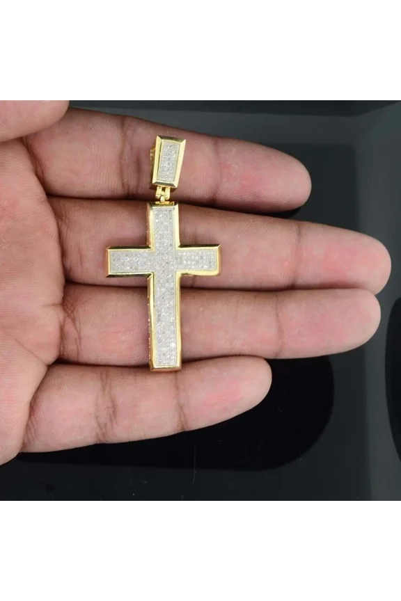 1.10 ctw Natural Moissanite 14K Yellow Gold Plated Dome Cross Men's Pendant 2.2"
