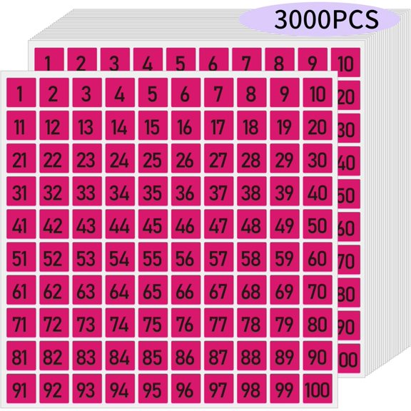 1 to 100 Consecutive Number Stickers, 0.4 inch Square Small Number Stickers Labels for Inventory, Storage, Organizing, Boxes, Bins, Toolbox, Locker (3000 Labels, Pink)