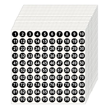 1-100 Number Stickers, 10mm Adhesive Labels, 25 Sheets in Black Color