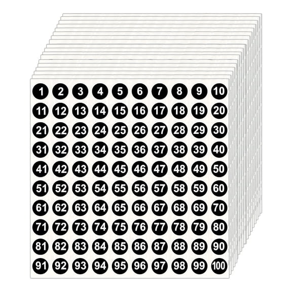 1-100 Number Stickers, 10mm Adhesive Labels, 25 Sheets in Black Color