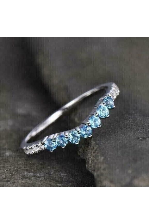 1.10Ct Round Cut Lab Created Aquamarine Women's Curved Wedding Eternity Band Ring 14K White Gold Plated