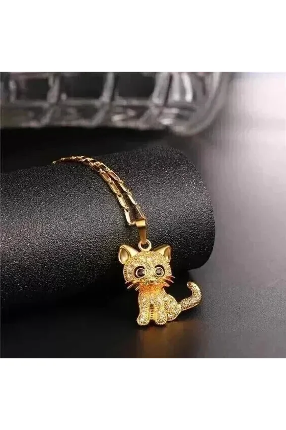 1.10Ct Round Cut Moissanite Kitty Cat Charm Pendant 14K Yellow Gold Plated