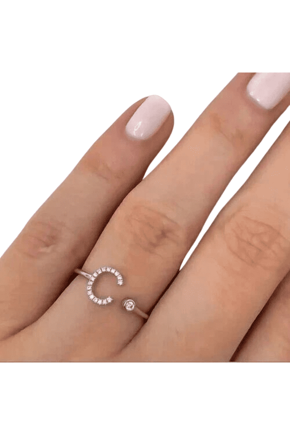 1.10Ct Round Cut Moissanite Women's Letter "C" Ring 14K White Gold Plated