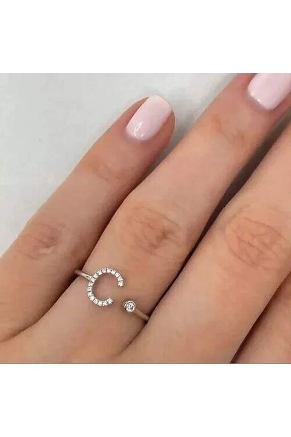 1.10Ct Round Cut Moissanite Women's Letter "C" Ring 14K White Gold Plated