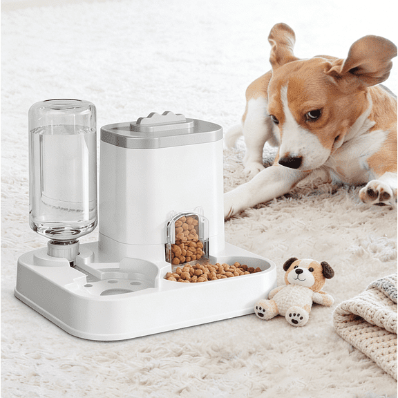 1-10L Automatic Pet Feeder & Water Dispenser - Integrated Food & Water Bowl, Elevated Double Bowl for Dogs Cats, Easy-Clean Pet Hydration Solution with Neck Protection, 7.48*7.87*9.25in, Gray